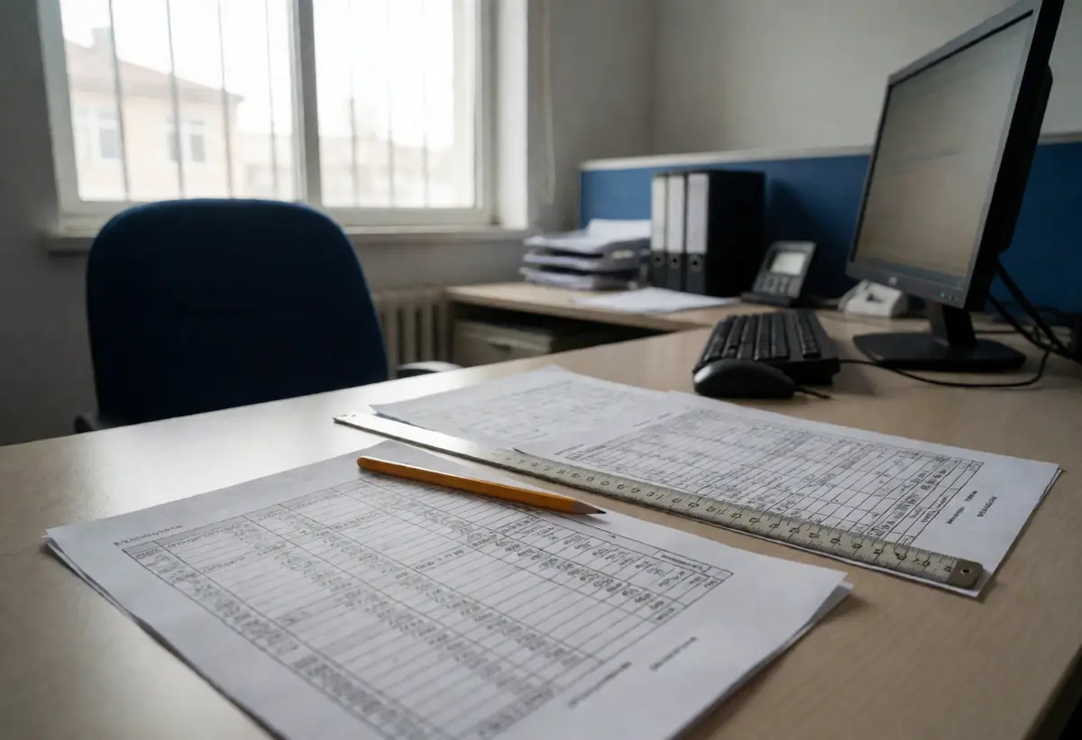 Schreibtisch in einem Baubüro mit ausgedruckten Listen, Lineal und Bildschirm